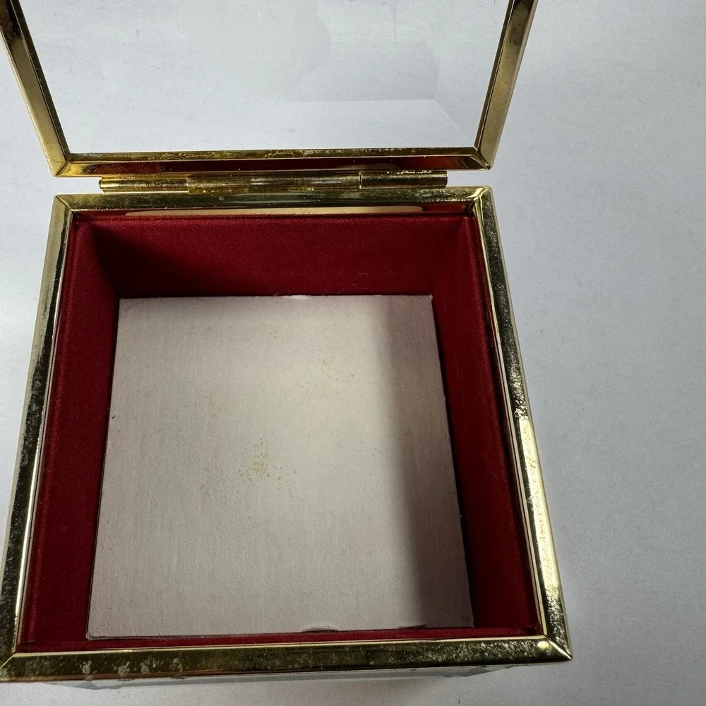 Vintage MELE Beveled Glass Jewelry Trinket Box Etched Rose Red Velvet Taiwan ROC